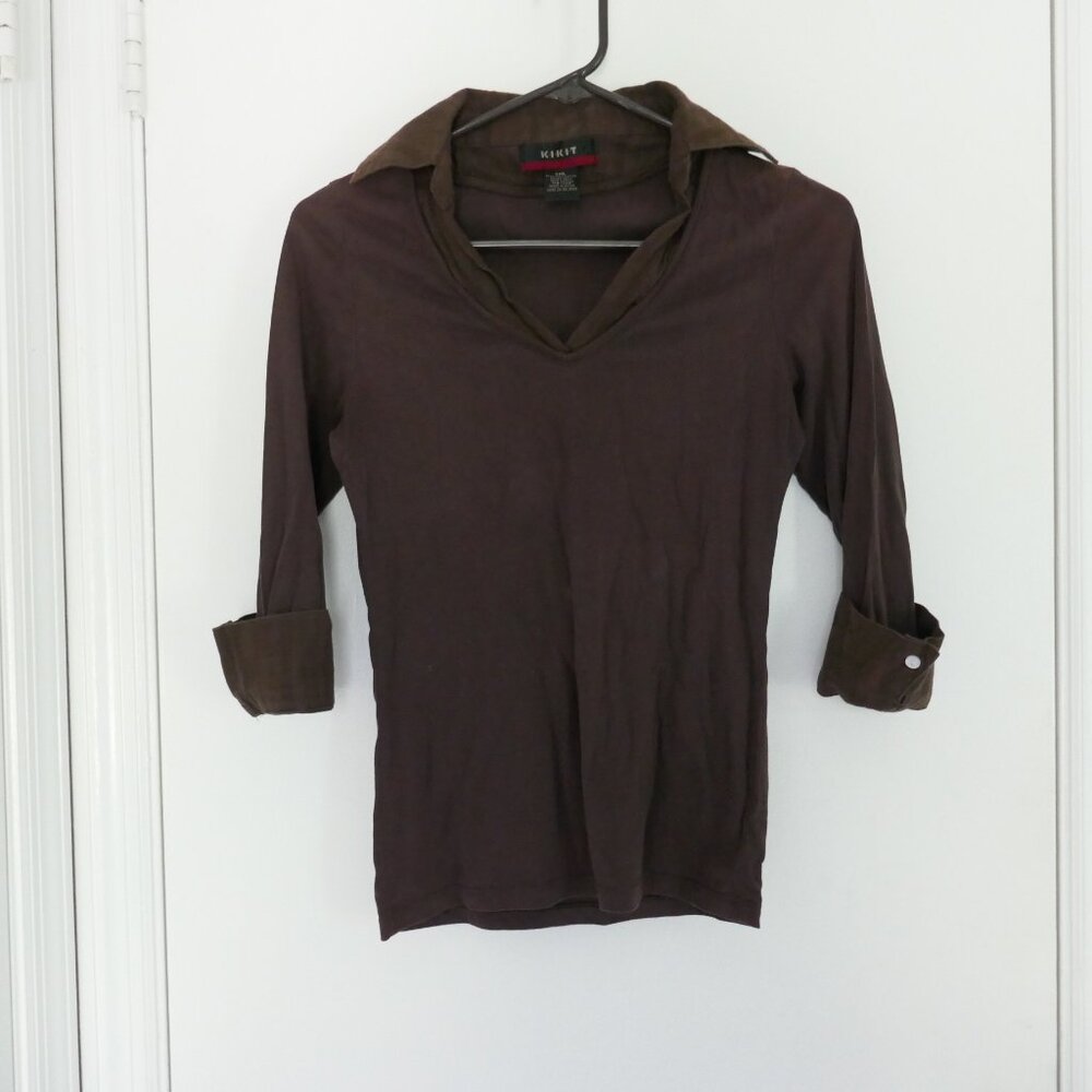 KIKIT brown vintage Y2K v-neck 3/4 sleeve collared business casual top size S